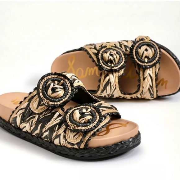 Sam Edelman Reina Raffia Woven Slide Sandal Buckle Black & Tan Size 10 - Picture 1 of 9